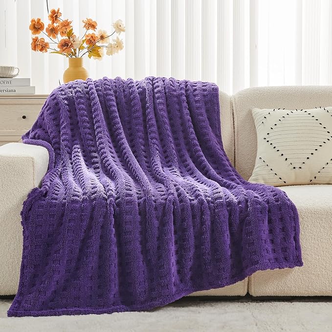 NEWCOSPLAY Super Soft Throw Blanket Purple Premium Silky Flannel Fleece 3D Waffle Checkered Lightweight Bed Blanket All Season Use (Dark Purple, Throw(50"x70"))