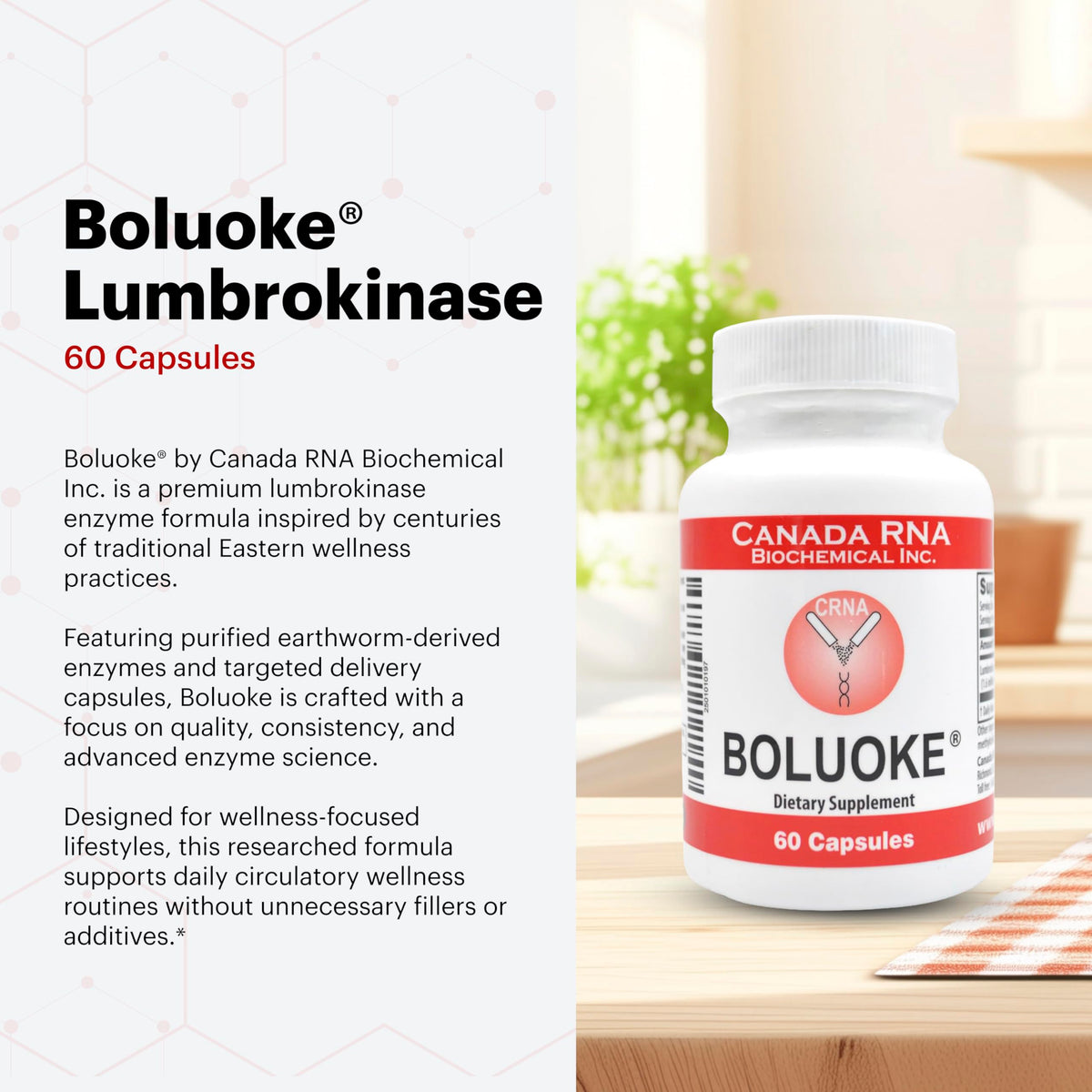 Boluoke Canada RNA Lumbrokinase Enzyme Supplement - Traditionally Inspired Circulatory Wellness Formula - Targeted Delivery Capsules - 30 Capsules