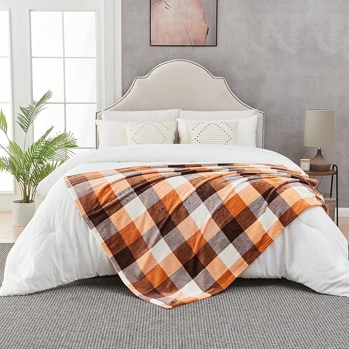 SOCHOW Buffalo Plaid Flannel Fleece Throw Blanket 60 x 80 Inches, Soft Lightweight Cozy All Season Orange Checkered Blanket for Bed, Couch, Car