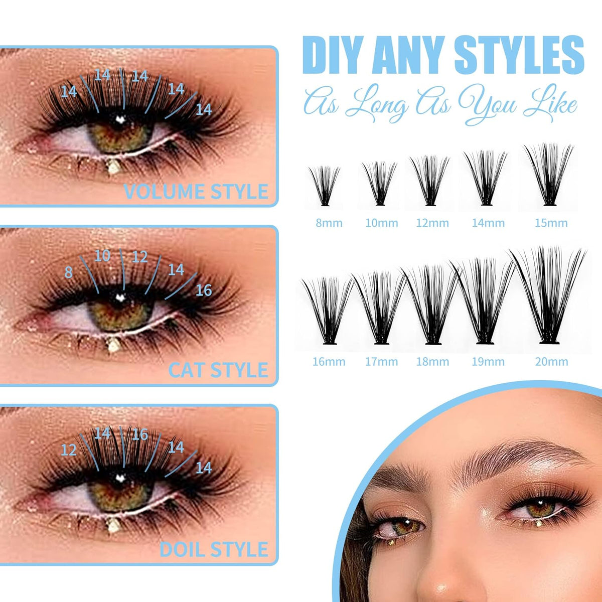 Individual Lashes 280pcs Large Tray Lash Clusters 0.07mm 50P C Curl Mix 8-16mm Eyelash Clusters Soft&Lightweight Cluster Lashes Mink Individual Lashes Cluster Mixed Tray Lash Extension Clusters