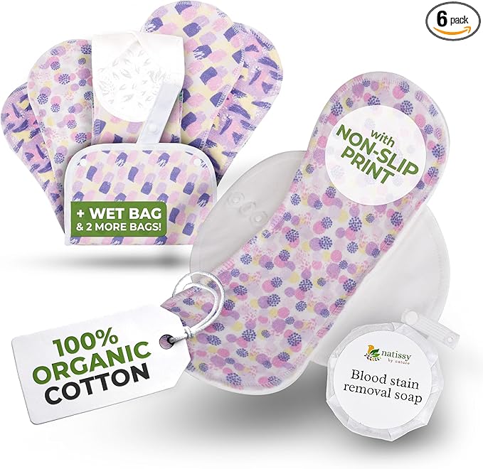 Non-Slip Organic Reusable Period Pads for Light Flow (S+M, 6-Pack); High-Temp Washable Cotton Cloth Pads for Women & Teens; Non-Irritating, Soft Reusable Pads Menstrual for Comfortable Period Care