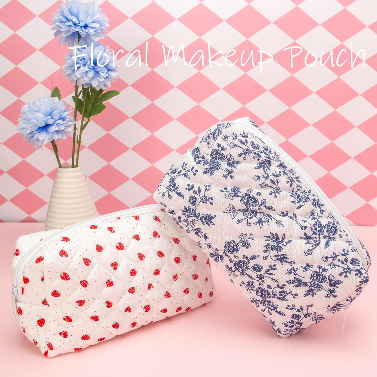 PAZIMIIK 6PCS Vintage Quilted Makeup Bag SET Cosmetic Pouch for Brushes Pencils and Travel Make Up Accessories for Women and Girls Jouy Blue