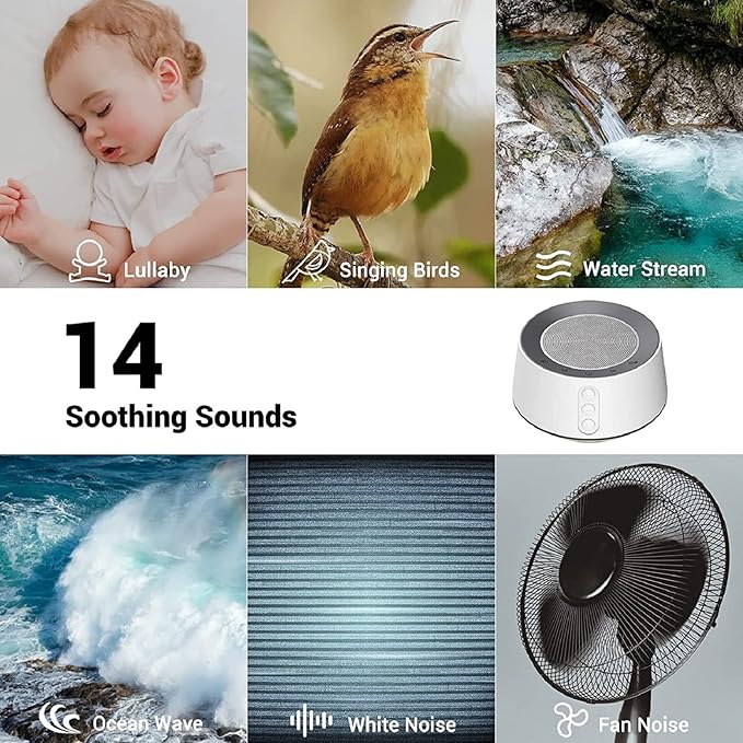 BGOVERSS White Noise Machine 14 Soothing Sounds and Warm Night Light for Sleeping, 5 Timers and Memory Feature Plug in Sound Machine for SF407 SF407