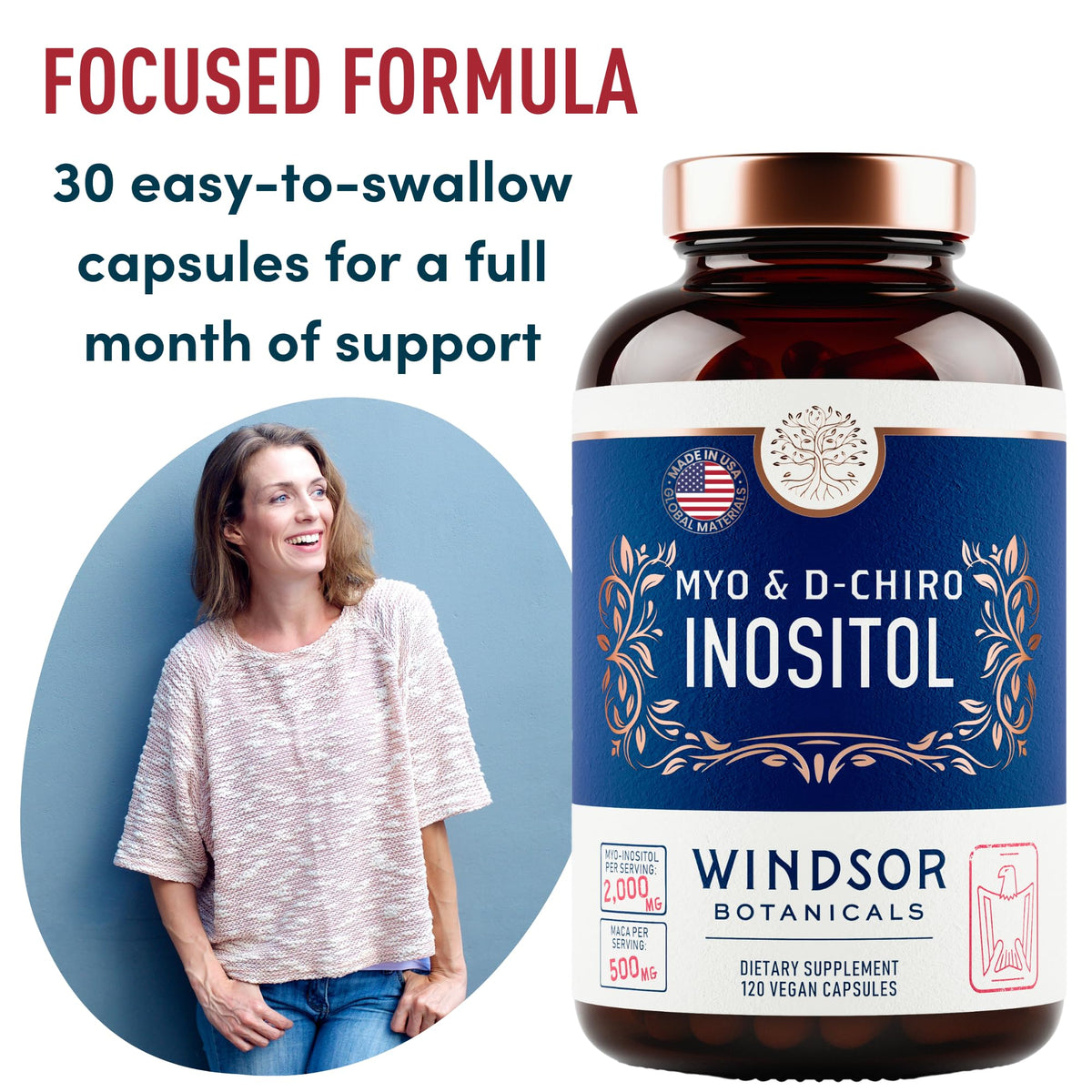 Myo-Inositol & D-Chiro Inositol 40:1 Ratio 2,000 mg - PCOS Supplements with Maca Root & Ashwagandha - Ovarian Health Support Vitamins - Hormone & Fertility Supplements for Women - 120 Vegan Caps