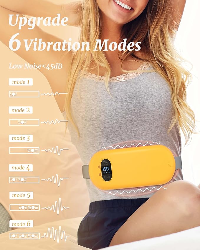 Portable Heating Pad for Cramps, Upgrade Cordless Electric Period Fast Heating Pad for Back Pain Relief Menstrual Belt 6 Heat 6 Massage Modes Gifts for Women Girls Her Girlfriend Yellow