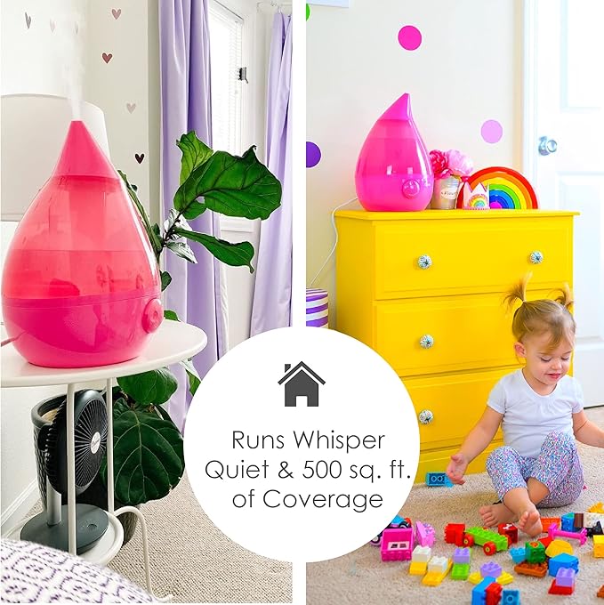 Crane Ultrasonic Humidifiers for Bedroom and Office, 1 Gallon Cool Mist Air Humidifier for Large Room and Home, Humidifier Filters Optional, Pink