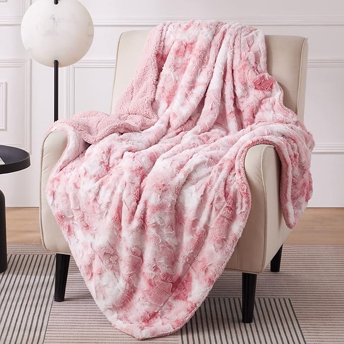 Bedsure Sherpa Blanket Twin Size - Soft, Fuzzy & Fluffy Faux Fur - Warm, Cozy Blanket for Couch, Sofa and Bed, Tie Dye Design, Pink, 60x80 Inches