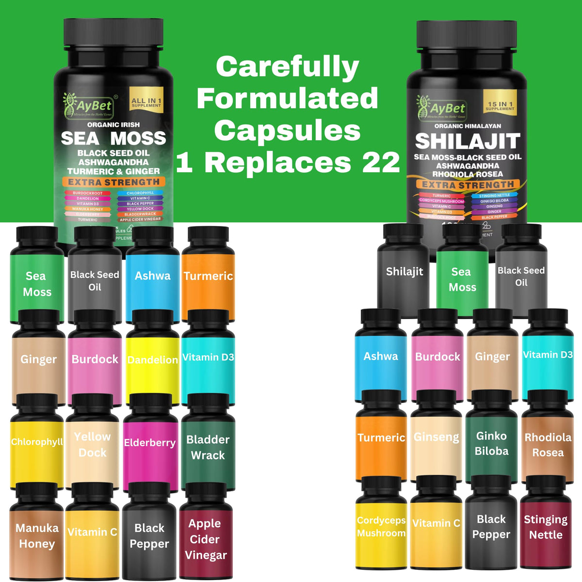 AyBet Sea Moss & Himalayan Shilajit Supplement Combo–Herbal Formula with Black Seed Oil, Ashwagandha, Rhodiola, Turmeric, Ginger – Mineral, Antioxidant Support–Organic, Halal, Vegan Capsules–240 Count