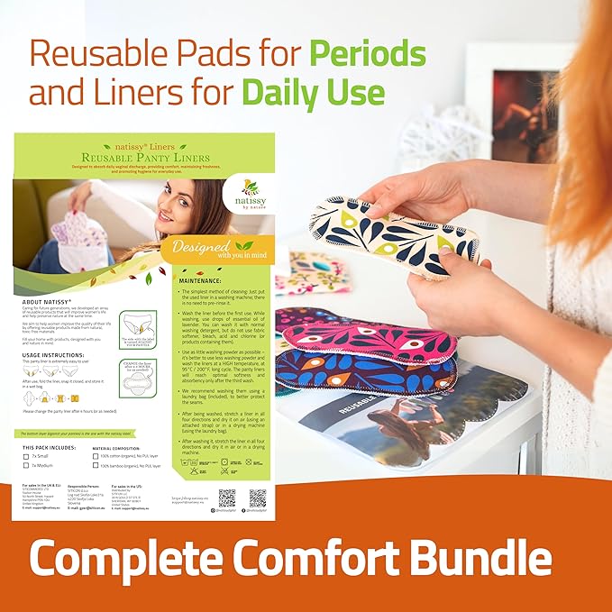 Organic Cotton EcoComfort Reusable Panty Liners for Women & Teens (Tanga, 7-Pack); High-Temp Washable Cloth Liners; Stay Fresh & Dry, for Daily Vaginal Discharge Only; 100% Breathable (no PUL/TPU)