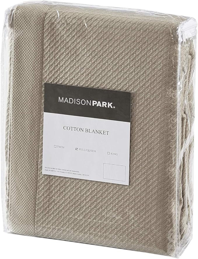 Madison Park Soft Certified 100% Egyptian Cotton Breathable Cozy Blanket, Premium Waffle Knit Classic Design, Luxury All Season Lightweight Cover for Bed, Couch and Sofa, Khaki Full/Queen(90"x90")