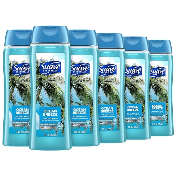 Suave Body Wash Bundle with Ocean Breeze and Sweet Pea Violet Scents, Vitamin E, 18 Oz Packs of 6
