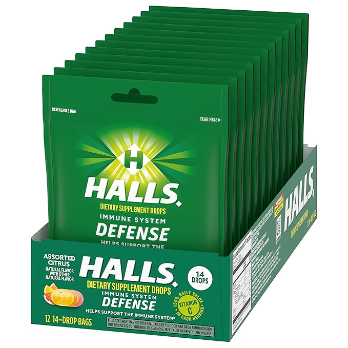 HALLS Defense Assorted Citrus Vitamin C Drops, 12 Packs of 14 Drops (168 Total Drops)