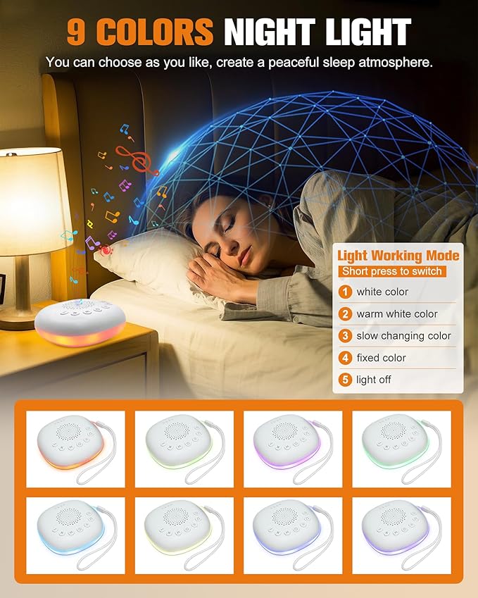White Noise Machine - Portable Sound Machine with 20 Soothing Sounds 9 Colors Night Light for Baby Kids Adult Sleep Machines Memory Function 30 Volume Levels 4 Timers for Home Office Travel Relaxation