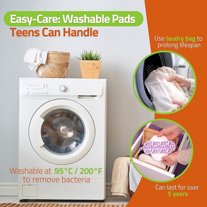 Non-Slip Reusable Period Pads for Teen Girls (S+M, 6-Pack); High-Temp Washable Organic Cotton Cloth Pads; Reliable, Non-Irritating, Soft Reusable Menstrual for Secure & Comfortable First Period