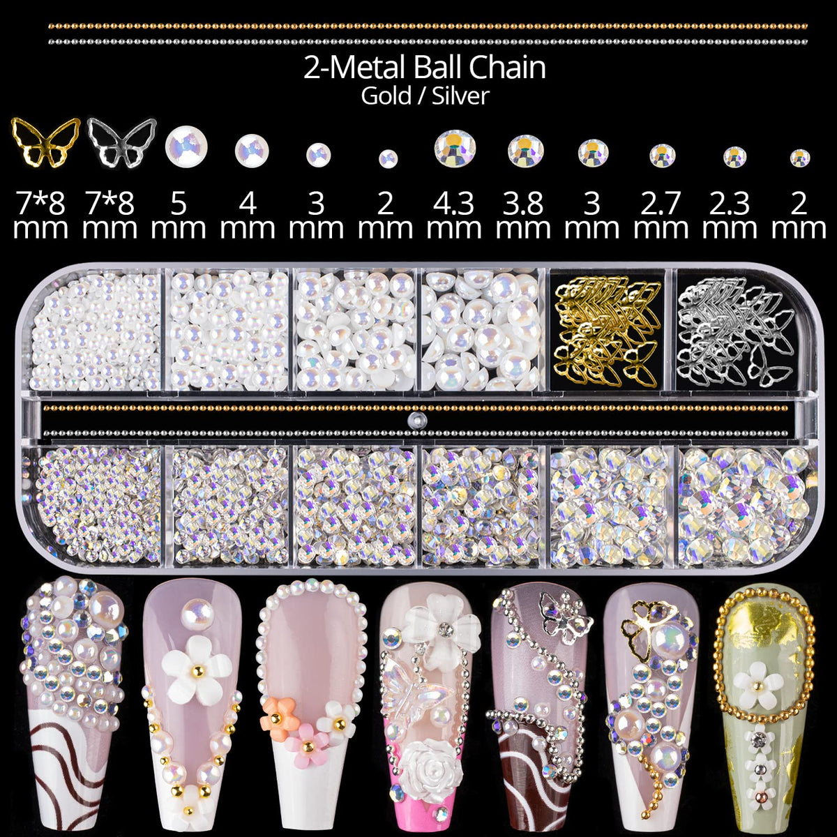Mixed 3D Nail Art Gem Decoration Accessories Kit #10, Butterfly Starry AB Rhinestone Charm Jewelry for Deco, Pearl Flower Caviar Bead Stone Crystal with Pickup Pencil and Tweezer