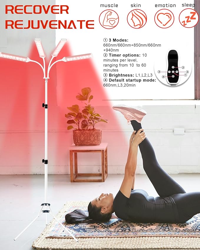 Red Light Therapy Lamp for Body Treatment with Adjustable Height Stand, 660nm, 850nm,940nm Alleviate Muscle Soreness, Stand 4Head W