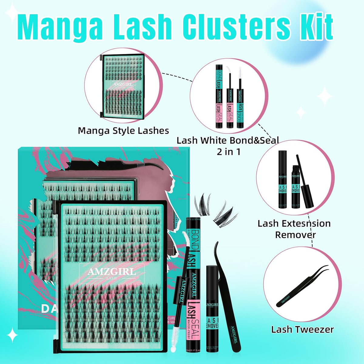 Manga Lash Clusters Kit 144PCS Fairy Eyelash Extension Kit with Lash Bond and Seal, Fake Eyelashes Clusters with Invisible Lashes Band, Lash Glue Remover and Lash Applicators (8-16mm Kit,White Bond)