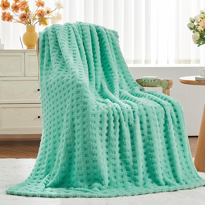 NEWCOSPLAY Super Soft King Blanket Aqua Premium Silky Flannel Fleece 3D Waffle Checkered Lightweight Bed Blanket All Season Use (Aqua, King(90"x110"))