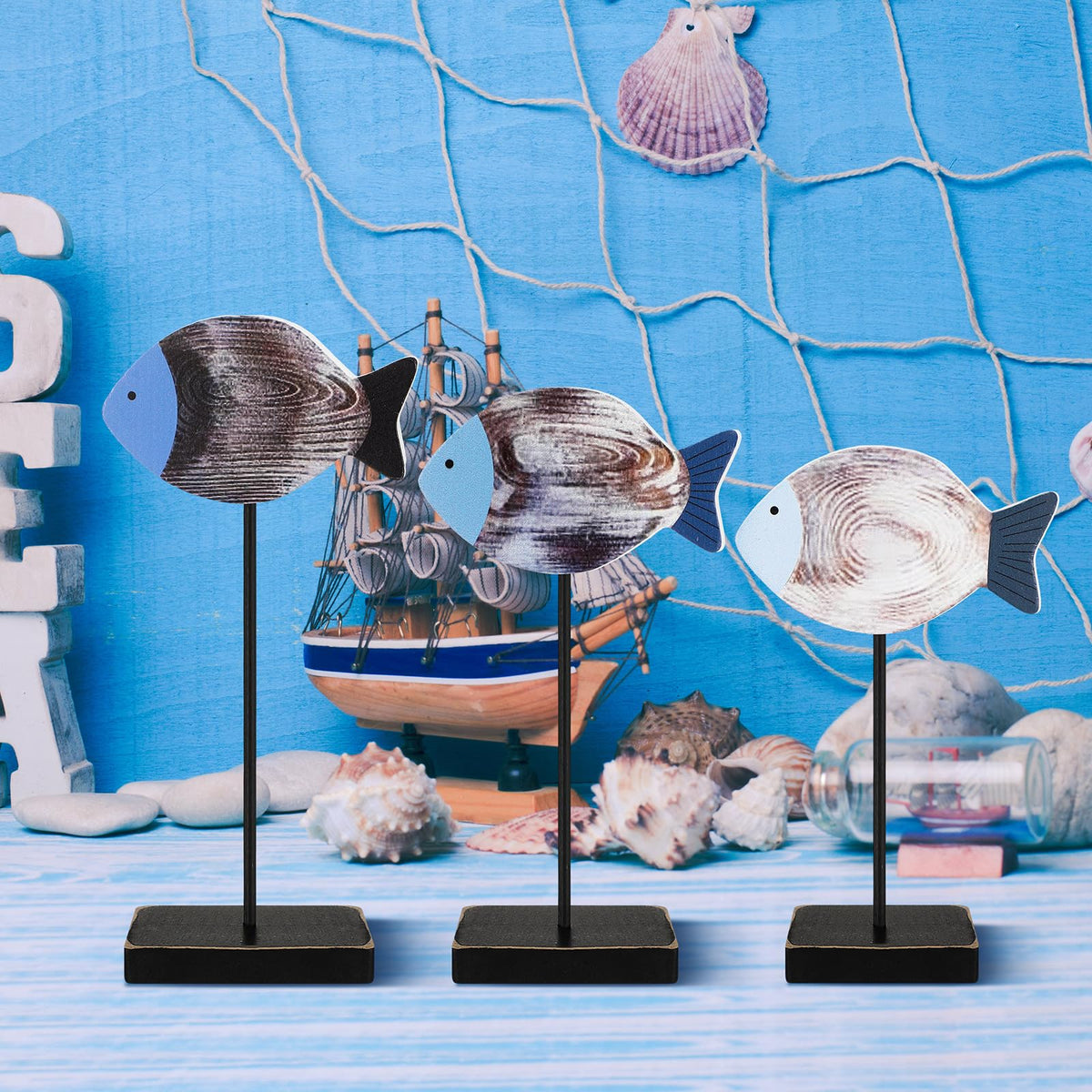 Yuntau 3 Pcs Wooden Sea Fish Table Decor Beach House Decor Rustic Wood Fish Decor Summer Coastal Farmhouse Decor Ocean Tiered Tray Decor for Home Office Bedroom Table Shelf Desk