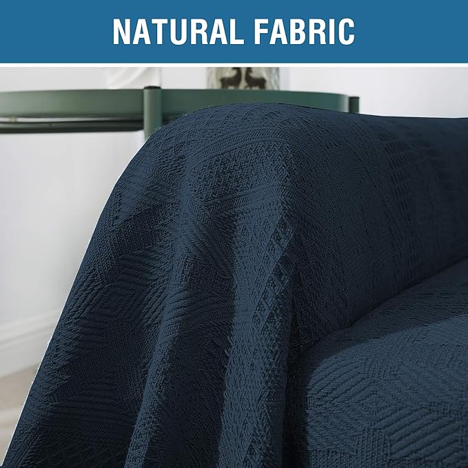 H.VERSAILTEX Cotton Sofa Covers Couch Cover Sofa Slipcover for Most Shape Sofas, Feature Thick Woven Jacquard Seamless with Tassels, Multi-Use Decorative for Couch (XX-Large: 91" x 134", Navy)