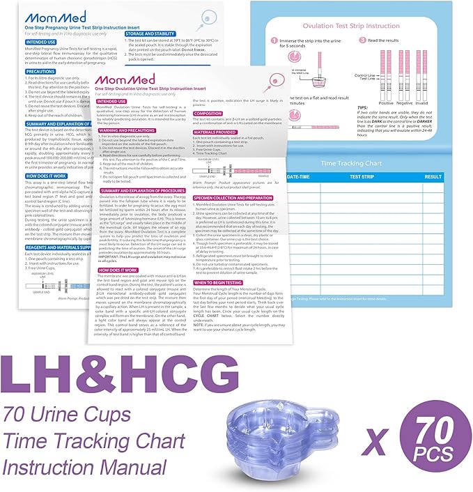 MomMed Pregnancy Test Strips (HCG20-LH60), Includes 20 Pregnancy Tests, 60 Test Strips, 80 Urine Cups, Easy to Use Ovulation Predictor Kit, Accurate Fertility Test for Women