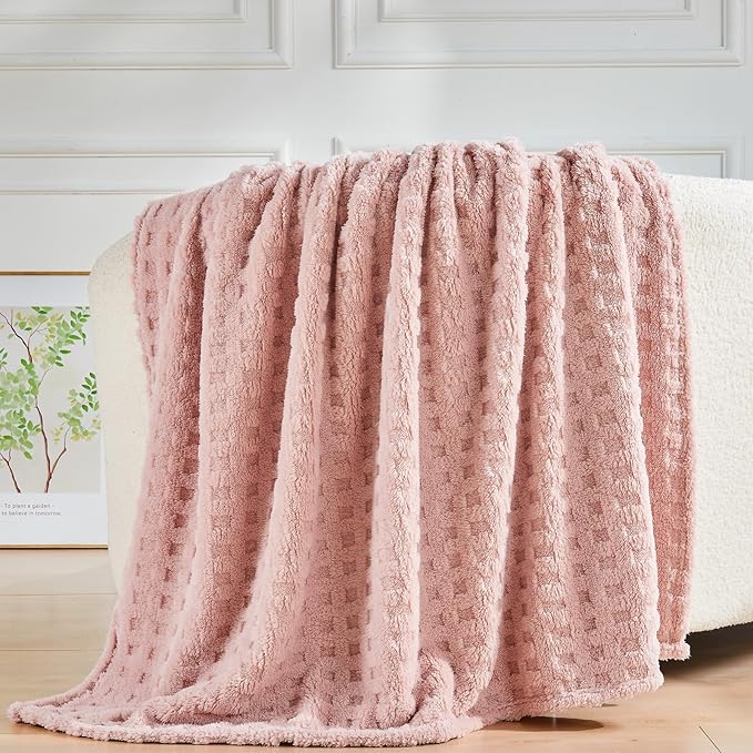 NEWCOSPLAY Super Soft Queen Blanket Pink Premium Silky Flannel Fleece 3D Waffle Checkered Lightweight Bed Blanket All Season Use (Pink, Queen(90"x90"))