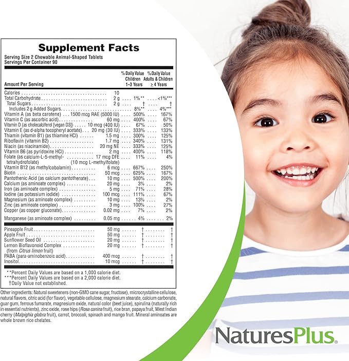 Natures Plus Animal Parade Children's Chewable Multivitamin - Cherry Flavor - 180 Animal-Shaped Tablets - Promotes Health & Well-Being - Vegetarian, Gluten Free - 90 Servings