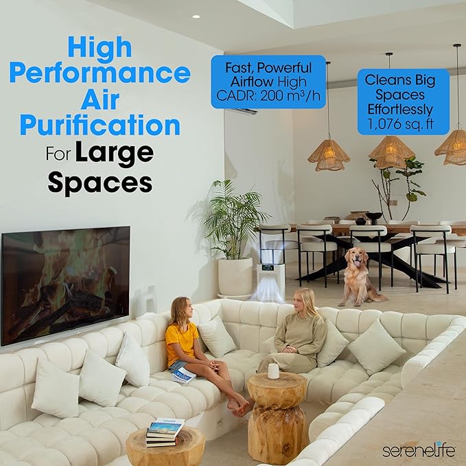 SereneLife HEPA Air Purifier for Home – Smart WiFi & App Control, Ultra-Quiet Air Purifier for Bedrooms & Large Rooms, Removes Dust, Pet Hair & Odors, Ideal for Pets & Allergies (1,076 Sq Ft, White)