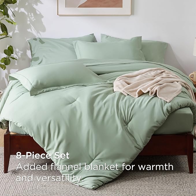 Bedsure King Comforter Set Sage Green, 8 Pieces Prewashed King Size Bed in a Bag with Soft Fleece Bed Blanket, Down Alternative Bedding Set for All Seasons, Sheets, Pillowcases & Shams
