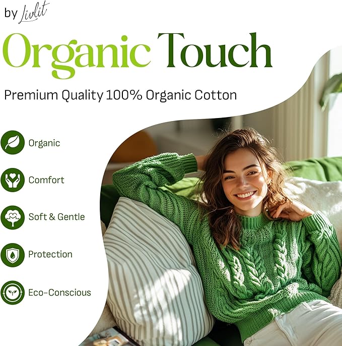 Regular Size Ultra Thin Sanitary Pads, 100% Organic Cotton from Texas, Powerful Leak Protection, Unscented, Chlorine Free and Absorbency of Feminine Periods, Pads for Women (36 Count)