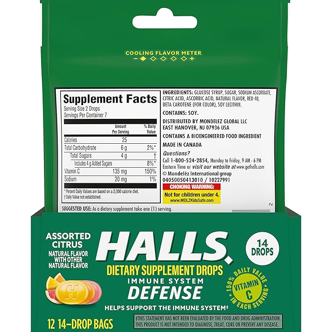 HALLS Defense Assorted Citrus Vitamin C Drops, 12 Packs of 14 Drops (168 Total Drops)
