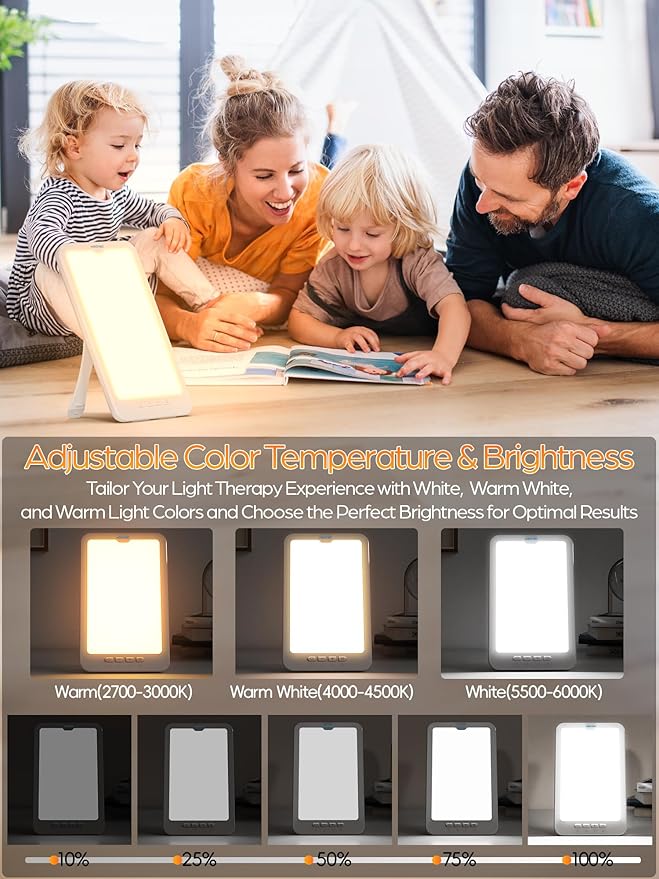 HIBOITEC Light Therapy Lamp, 10000 Lux Therapy Light, Sun Light Therapy Lamp with 3 Color Temperature & 5 Adjustable Brightness & 4 Timing & Memory Function, Portable Light Therapy Box for Home/Office