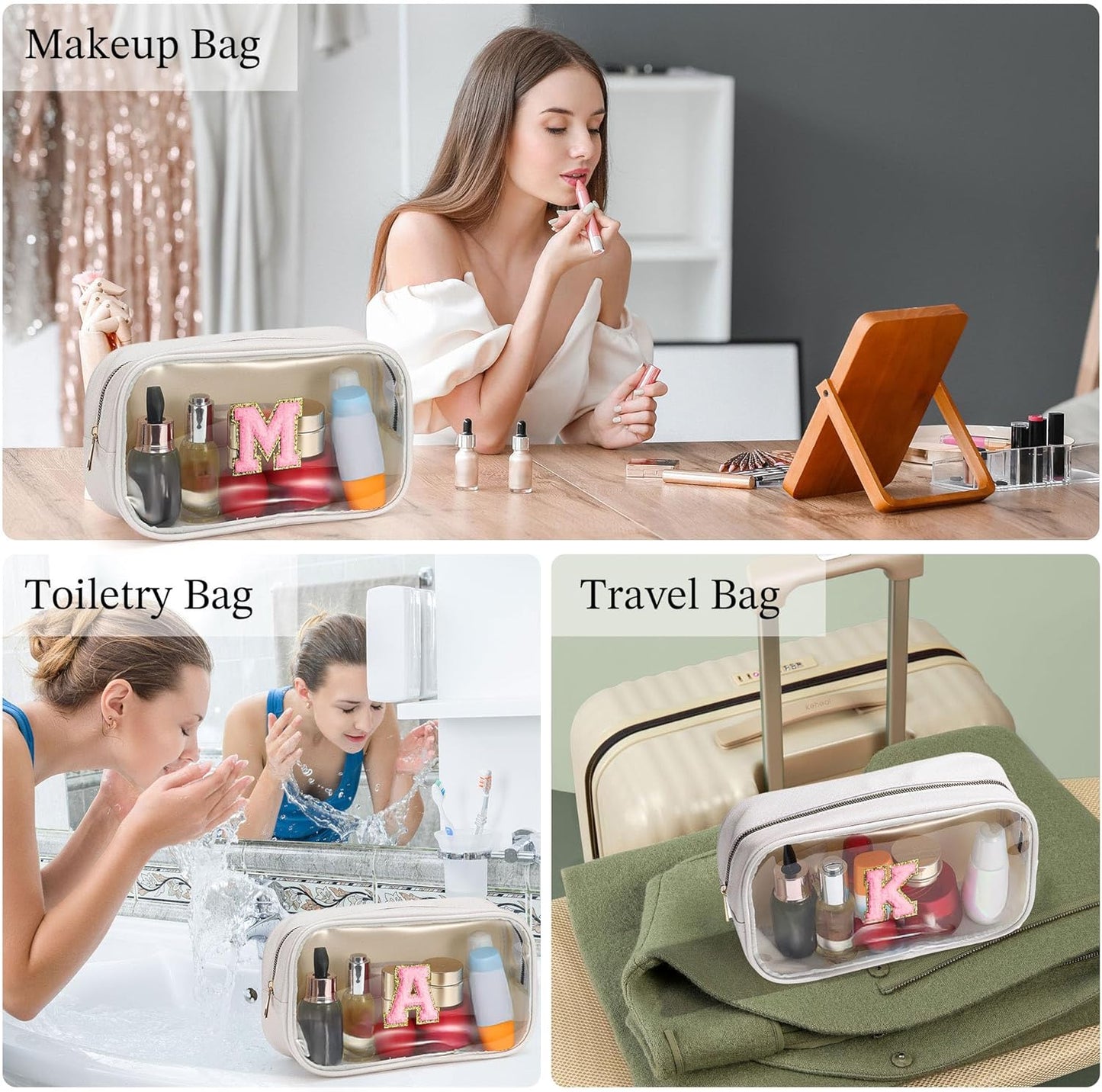 YOOLIFE Initial Make Up Bag Travel Toiletry Bag, Clear Makeup Bag Preppy Cosmetic Bag Clear Makeup Bags With Zipper Girlfriend Teacher 8 Year Old Girl Gifts Daughter Gifts Swim Gifts For Girls White S