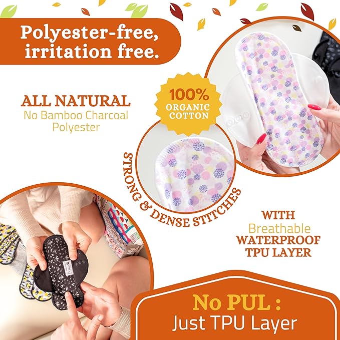 Non-Slip Organic Reusable Period Pads for Heavy Flow & Incontinence (L+XL, 6-Pack); High-Temp Cotton Washable Cloth Pads for Women; Non-Irritating, Soft Reusable Pad Menstrual for Comfortable Care