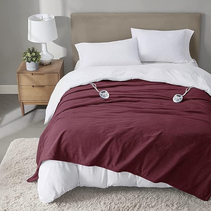 Serta Travis Fleece Ultra Soft Tri-Rib Textured Electric Blanket, Cozy and Snuggly Cover Fast Heating for Cold Weather, Auto Shut Off, Multi Heat Setting Controller, King, Berry Red