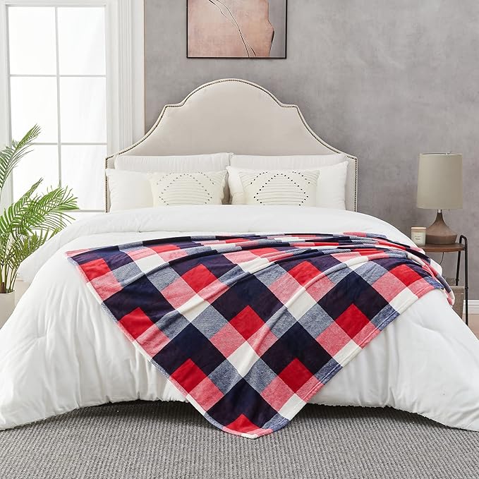 SOCHOW Buffalo Plaid Flannel Fleece Throw Blanket 50 x 60 Inches, Soft Lightweight Cozy All Season Red/Blue Checkered Blanket for Bed, Couch, Car