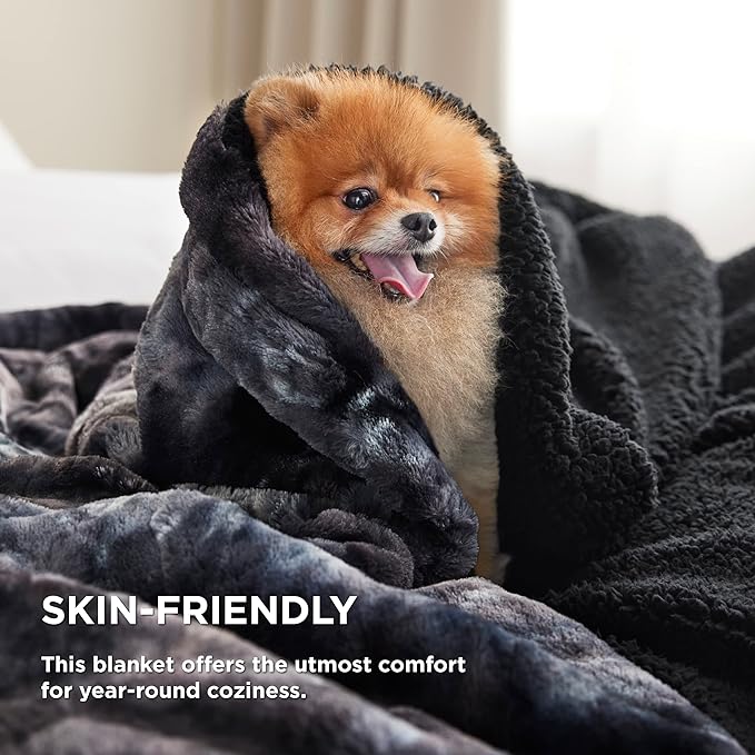 Bedsure Sherpa Blanket - Soft, Fuzzy & Fluffy Faux Fur - Warm, Cozy Throw Blanket for Couch, Sofa and Bed, Tie Dye Design, Black, 50x60 Inches