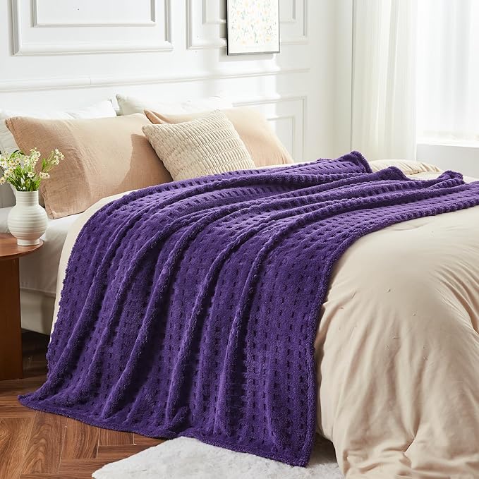 NEWCOSPLAY Super Soft King Blanket Purple Premium Silky Flannel Fleece 3D Waffle Checkered Lightweight Bed Blanket All Season Use (Dark Purple, King(90"x110"))