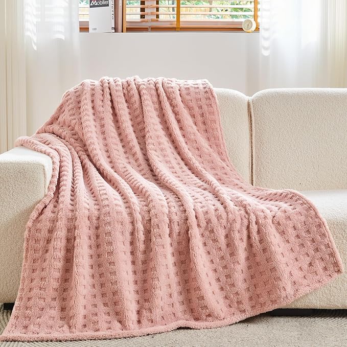 NEWCOSPLAY Super Soft Twin Blanket Pink Premium Silky Flannel Fleece 3D Waffle Checkered Lightweight Bed Blanket All Season Use (Pink, Twin(60"x80"))