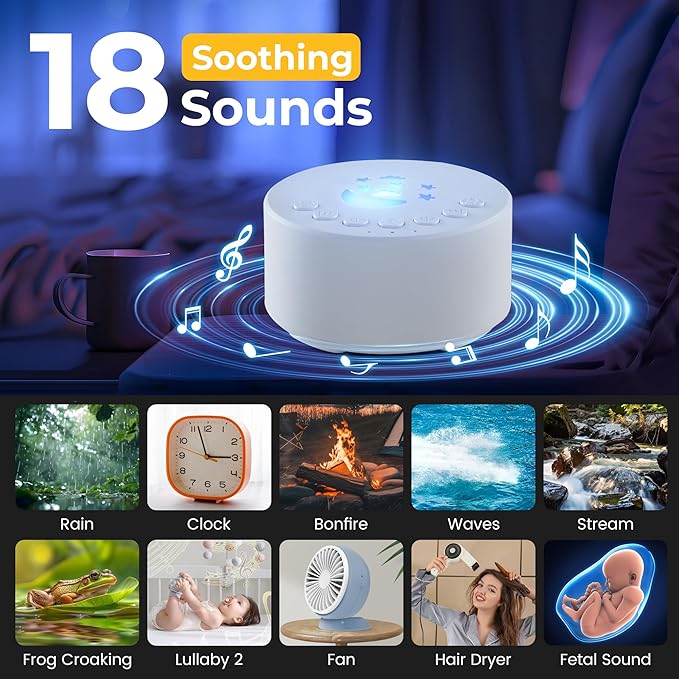 White Noise Machine, Portable Sound Machine for Baby and Adult, 18 Soothing Sounds, Night Light, Powerful Battery Life, Ideal Sleep Aid for Home and Travel, Nursery Essential (White)