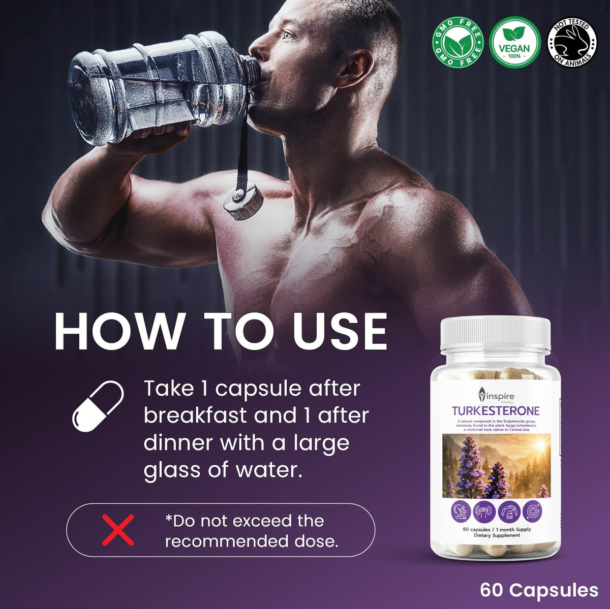 Turkesterone Capsules Pure 500mg Natural Ajuga Turkestanica Extract Ecydysterone- Increase Lean Muscle Growth & Recovery, Drive & Stamina - Non GMO - 60 V Capsules
