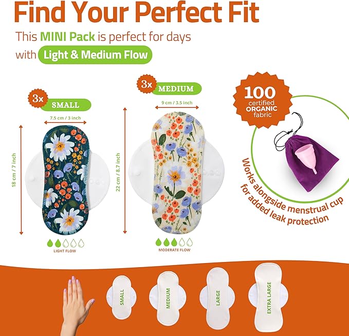 Organic Cotton EcoComfort Reusable Period Pads for Light Flow (S+M, 6-Pack); High-Temp Washable Cloth Pads for Women & Teens; Non-Irritating, Soft Reusable Pads Menstrual for Comfortable Period Care