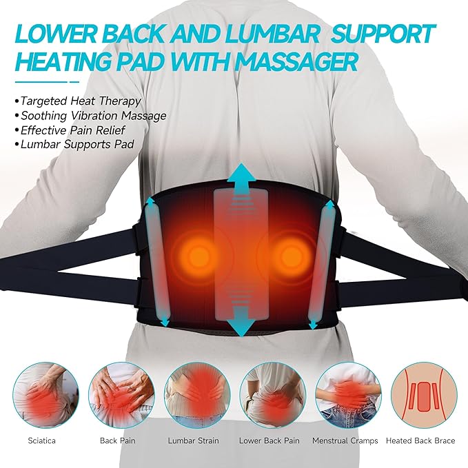 FSA HSA Eligible, Cordless Heating Pad with Massager for Back Pain Relief, 47-60" Lower Back Wearable Heating Pad for Cramps with 3 Heat&Timer, 5 Vibration Back Lumbar Support Belt for Men Women