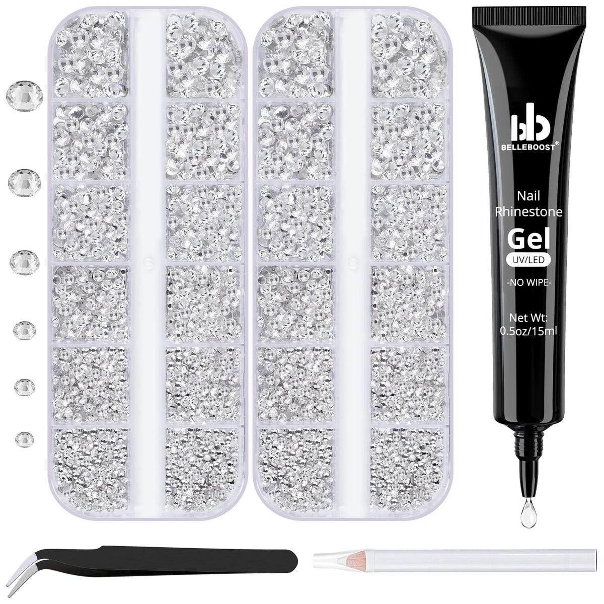 Nail Art Rhinestone Glue Gel&2 Boxes Flatback Gems Kit, 1 Tube of 15ml Rhinestone Gel Glue(UV/LED Needed)+Round Glass Crystal Clear Gemstones with Pickup Tools