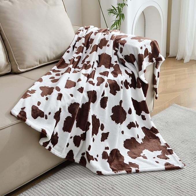 SOCHOW Cow Print Fleece Throw Blanket for Sofa Couch, Soft Lightweight Cozy Warm Home Decor Flannel Blanket, Cute Animal Blanket for Kids Boys Girls, Brown 60 x 80 Inches