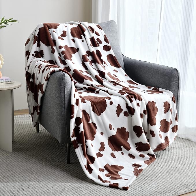 SOCHOW Cow Print Fleece Throw Blanket for Sofa Couch, Soft Lightweight Cozy Warm Home Decor Flannel Blanket, Cute Animal Blanket for Kids Boys Girls, Brown 60 x 80 Inches