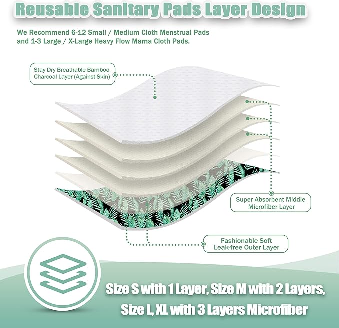 wegreeco Reusable Menstrual Pads - Reusable Sanitary Pads | Reusable Panty Liners | Soft Cloth Menstrual - 6 Pack with 1 Cloth Mini Wet Bag (Medium, Leaves