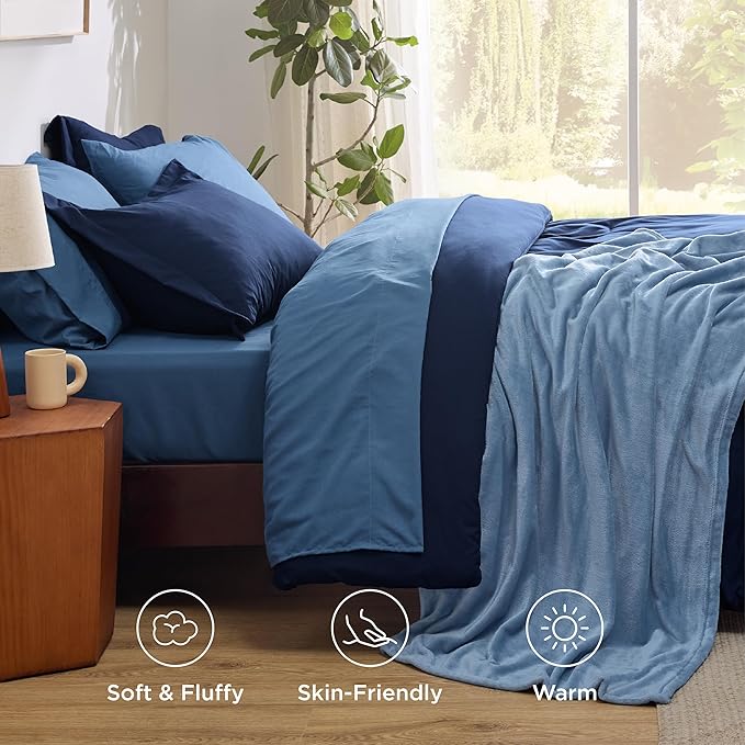 Bedsure Full Comforter Set Navy Blue, 8 Pieces Prewashed Full Size Bed in a Bag with Soft Fleece Bed Blanket, Down Alternative Bedding Set for All Seasons, Sheets, Pillowcases & Shams