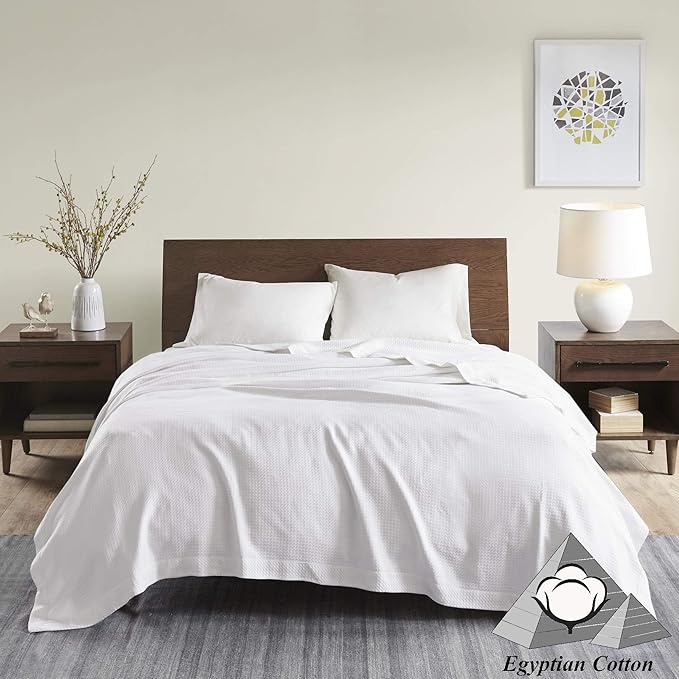 Madison Park Egyptian Cotton Luxury Blanket White 90x90 Full/Queen Size Knit Premium Soft Cozy 100% Cerified Egyptian Cotton For Bed, Couch or Sofa