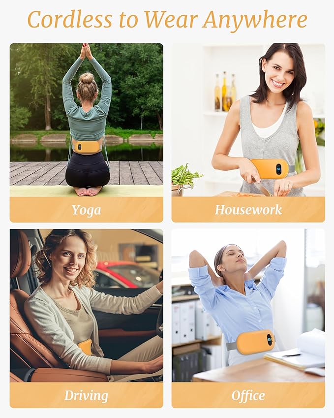 Portable Heating Pad for Cramps, Upgrade Cordless Electric Period Fast Heating Pad for Back Pain Relief Menstrual Belt 6 Heat 6 Massage Modes Gifts for Women Girls Her Girlfriend Yellow